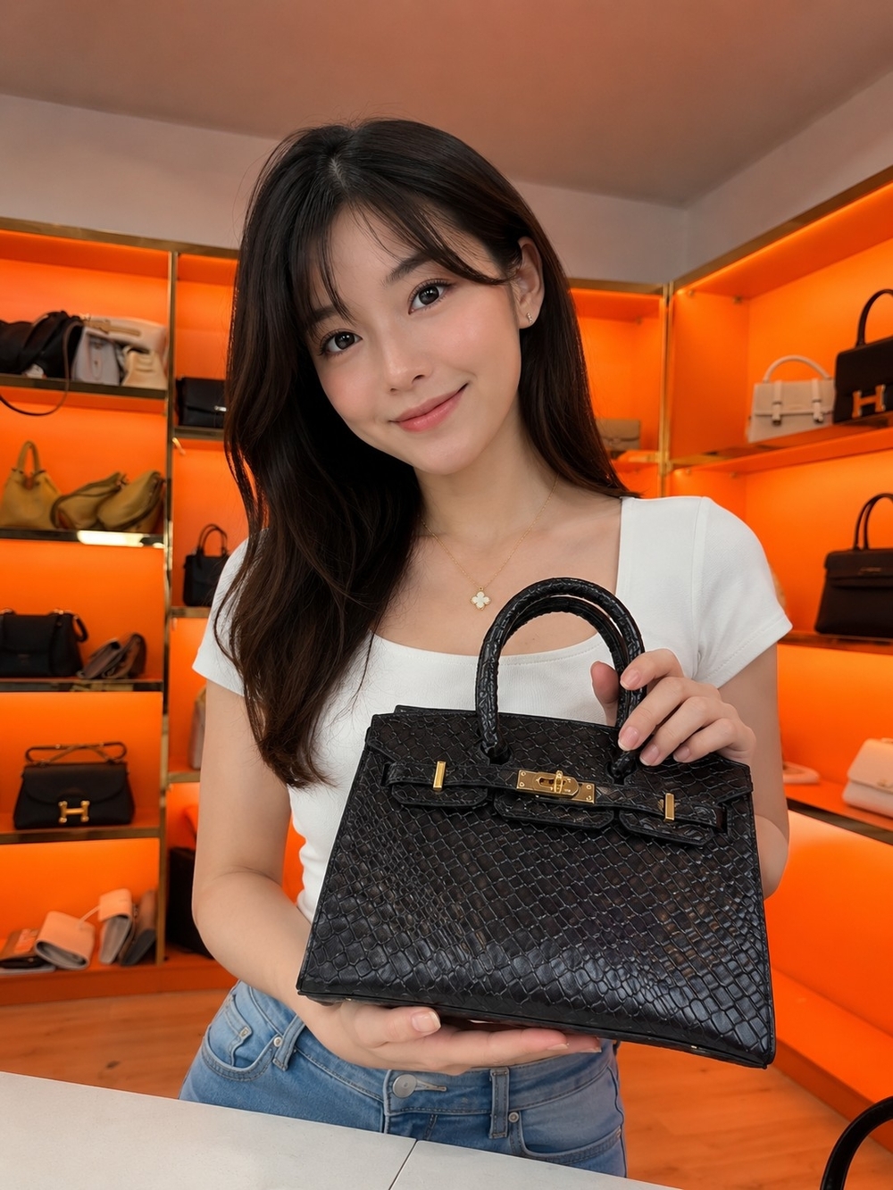 Black Snakeskin Top-Handle Shoulder Bag with Gold Hardware Birkin Hermes